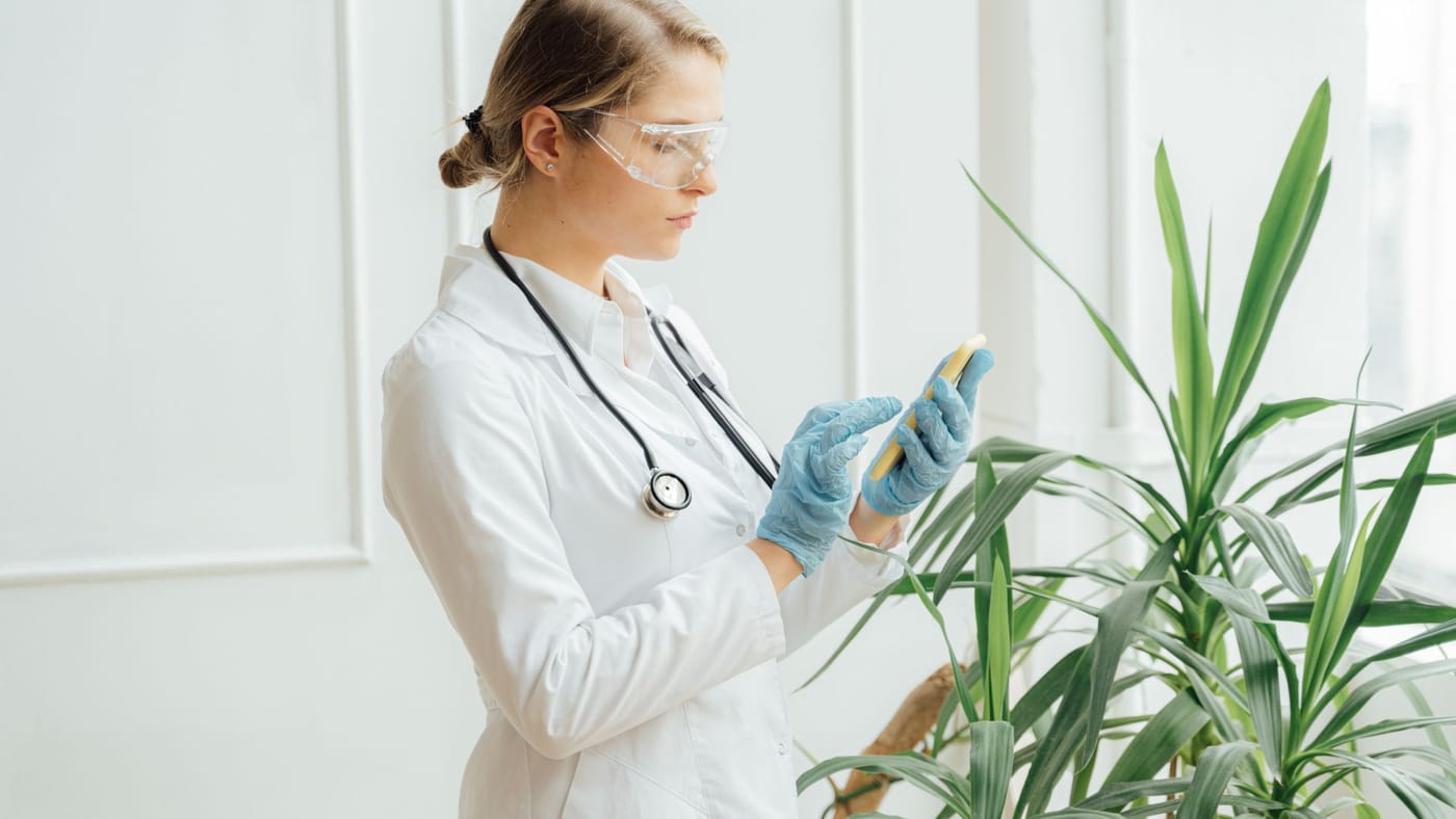 Médica usando o smartphone em um ambiente de consultório